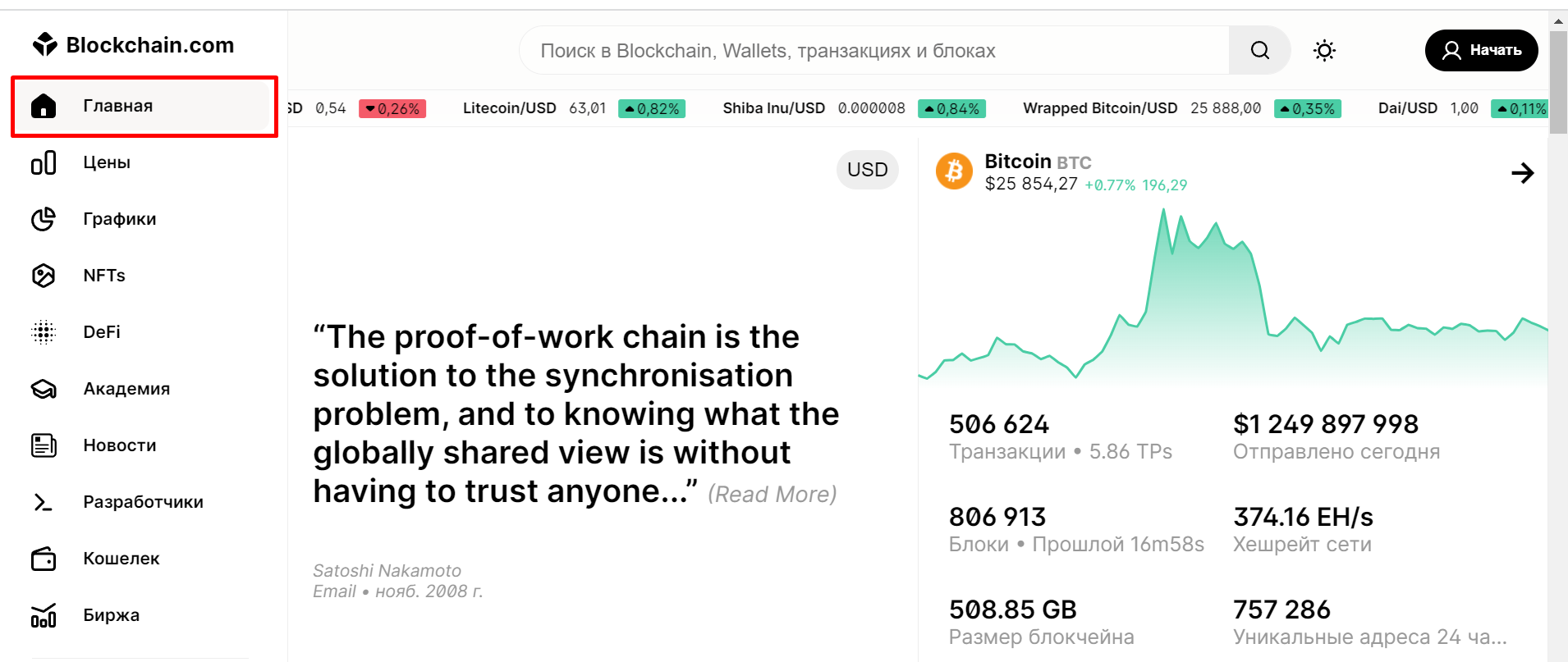 Главная страница Blockchain Explorer