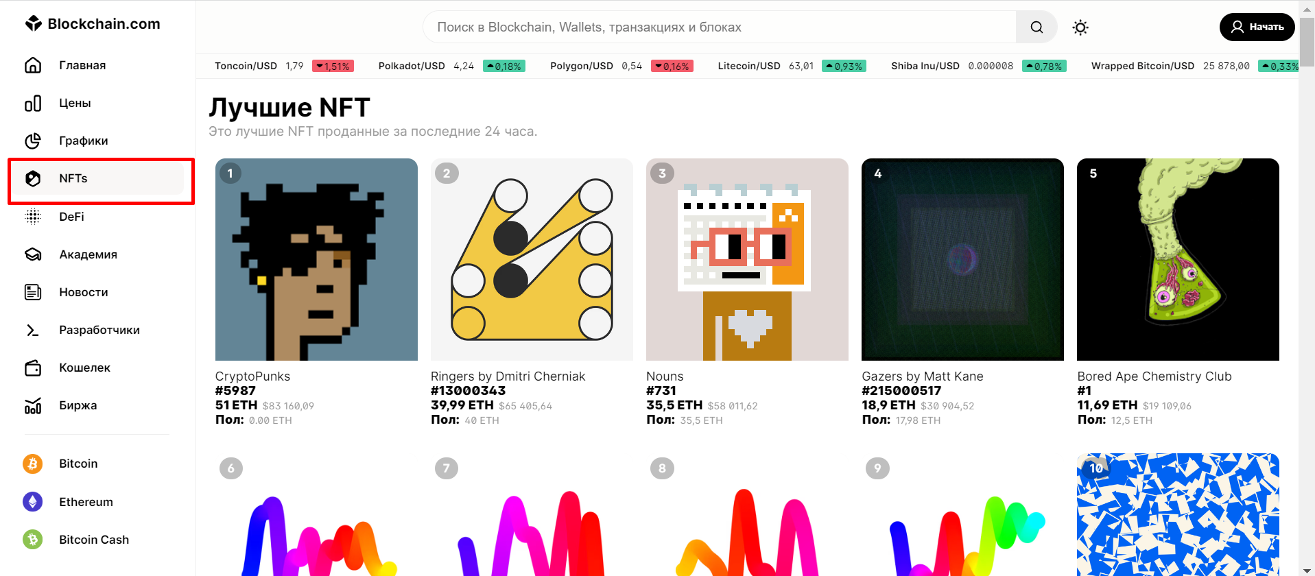 Страница NTFs на Blockchain Explorer