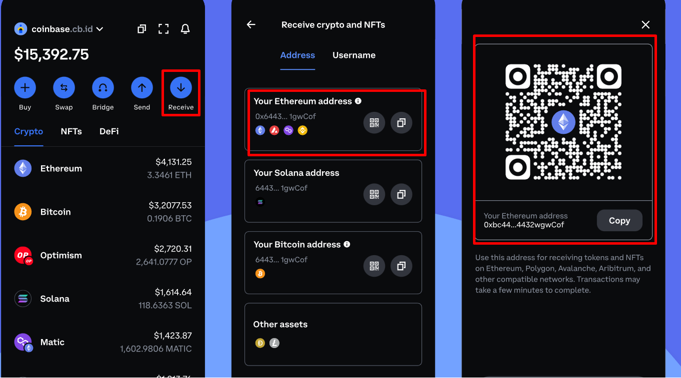 Получение валюты в Coinbase Wallet